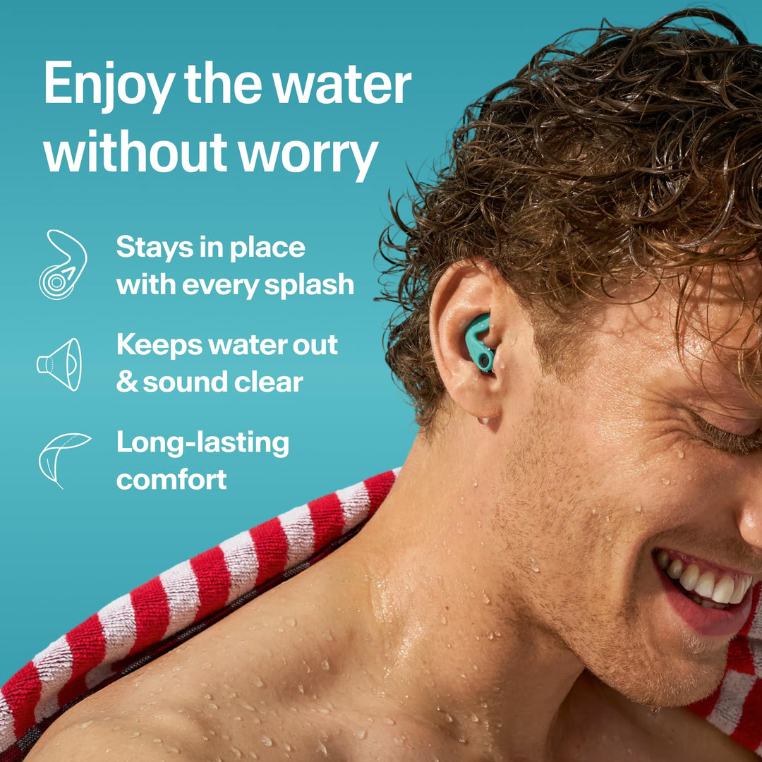 Alpine WaterSafe teal earplug worn after water activity, highlighting secure fit, water protection and comfort