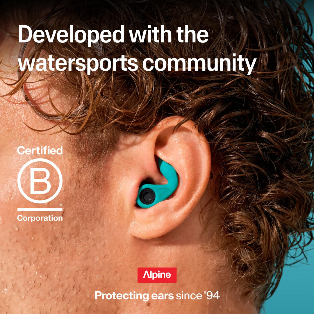 Alpine WaterSafe teal earplug worn in the ear, shown with wet hair and watersports community messaging