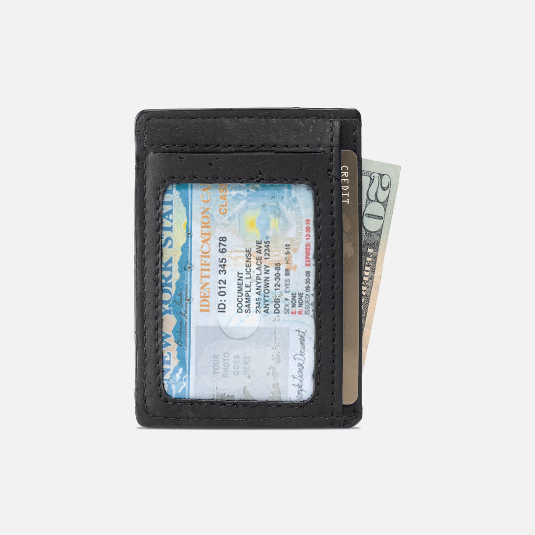 Black Corkor vegan cork RFID card wallet with ID window, card slots, and cash compartment in a minimalist design.