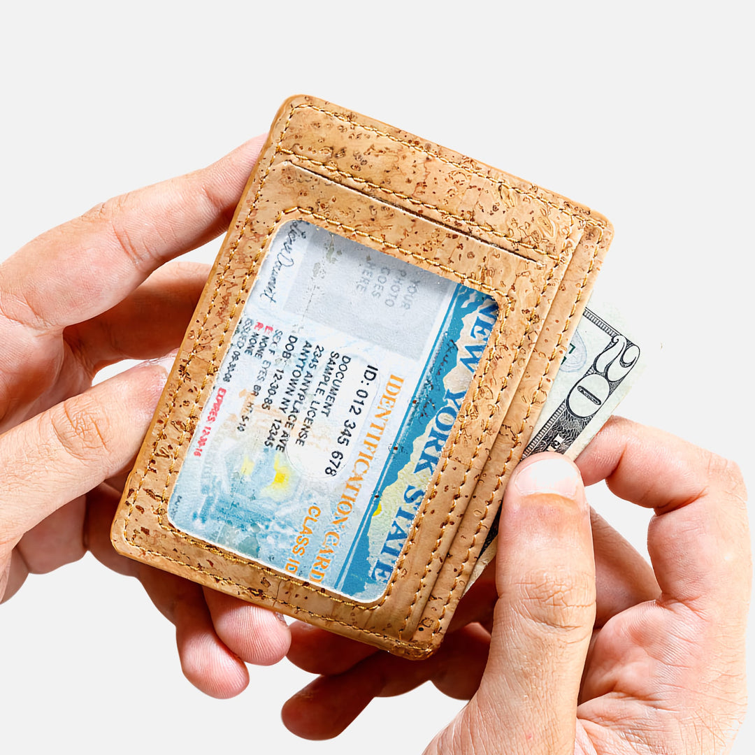 Corkor vegan cork RFID card wallet shown in hand, highlighting the ID window, card slots, and slim, eco-friendly design.