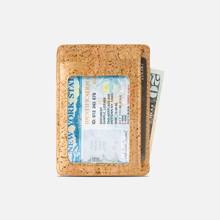 Corkor vegan cork RFID card wallet featuring an ID window, card slots, and a compartment for cash in a slim, eco-friendly design.