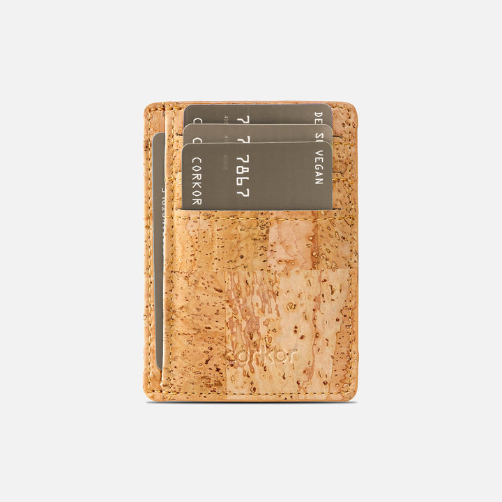 Slim Corkor vegan cork RFID card wallet with a minimalist design, featuring card slots for essentials and eco-friendly material.