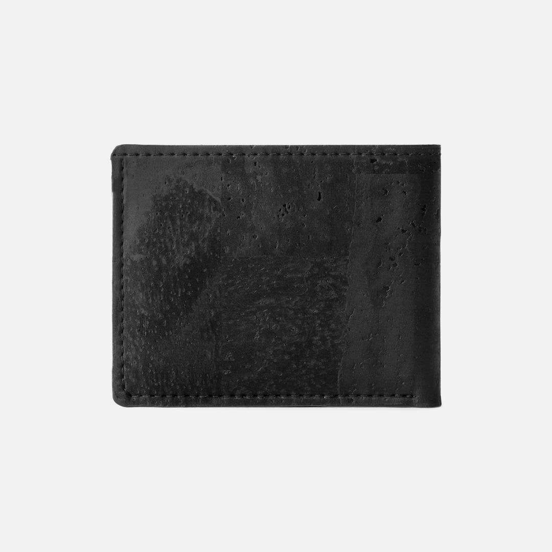 Black Corkor Vegan Cork Slim Bifold Wallet, back view, eco-friendly and minimalist design.