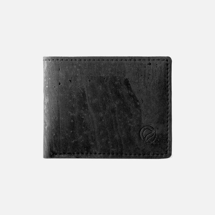 Black Corkor Vegan Cork Slim Bifold Wallet, front view, eco-friendly and minimalist design.