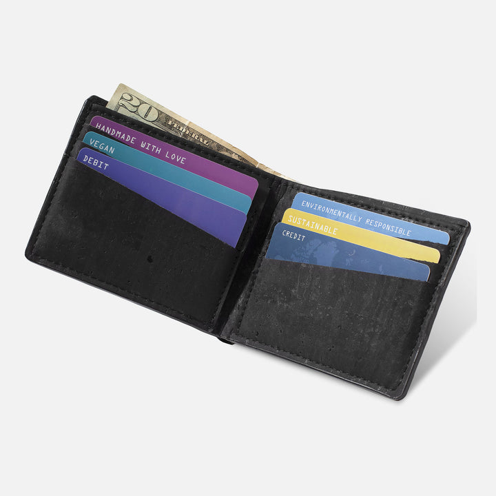 Black Corkor Vegan Cork Slim Bifold Wallet, open with cards and cash inside, highlighting eco-friendly and functional design.