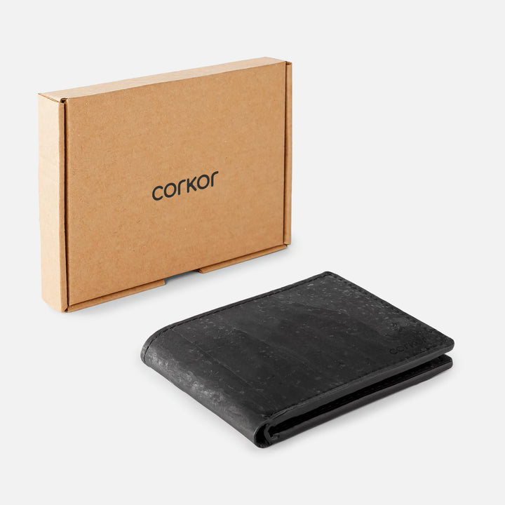 Black Corkor Vegan Cork Slim Bifold Wallet with branded packaging, showcasing eco-friendly and sustainable design.