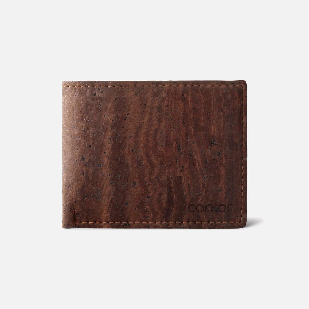 Dark brown Corkor Vegan Cork Slim Bifold Wallet, front view, eco-friendly and minimalist design.