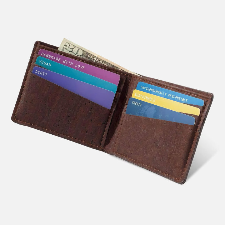 Dark brown Corkor Vegan Cork Slim Bifold Wallet, open with cards and cash inside, highlighting eco-friendly and functional design.