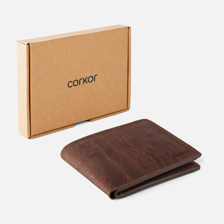 Dark brown Corkor Vegan Cork Slim Bifold Wallet with branded packaging, showcasing eco-friendly and sustainable design.