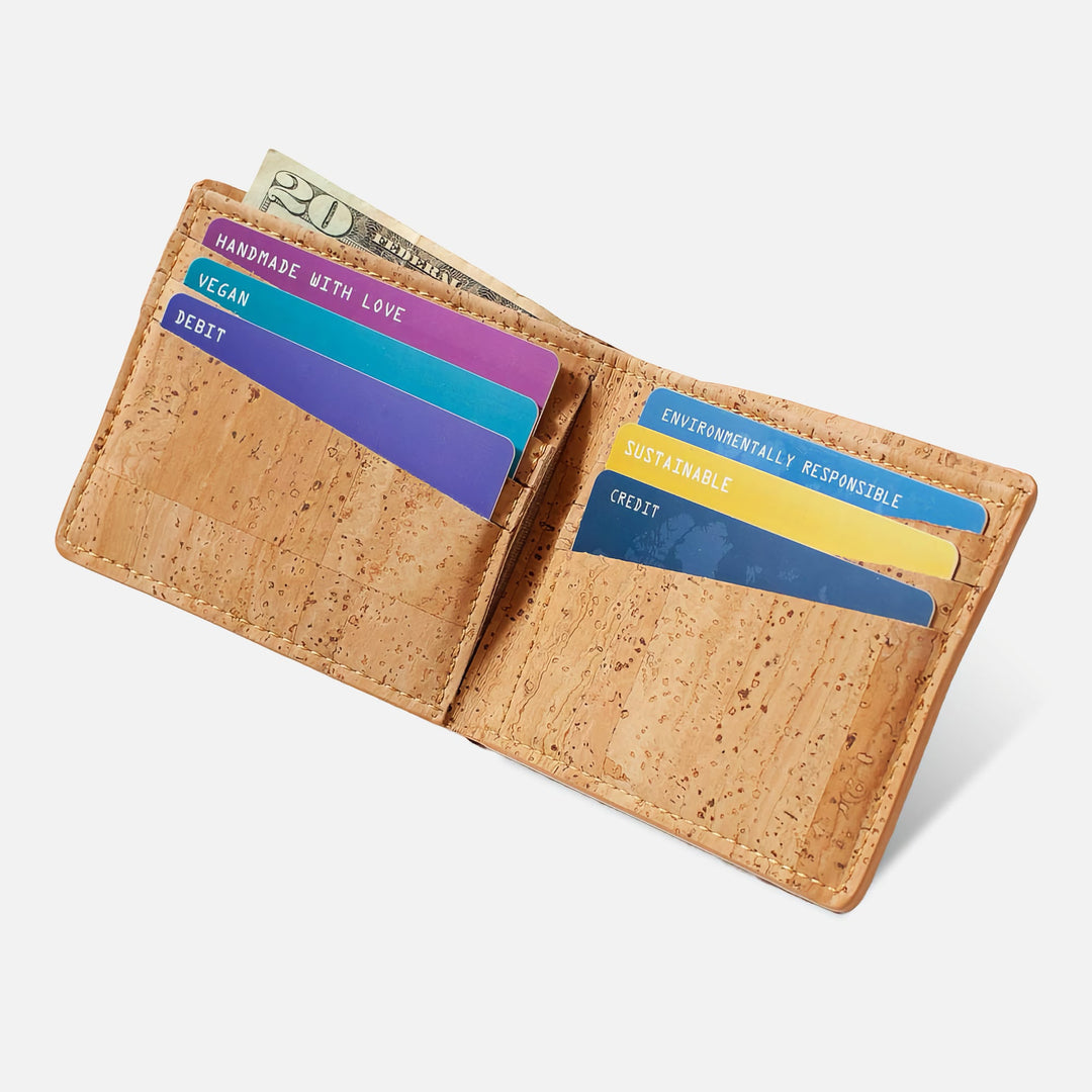 Light brown Corkor Vegan Cork Slim Bifold Wallet, open with cards and cash inside, highlighting eco-friendly and functional design.