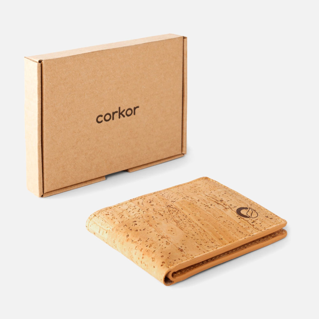 Light brown Corkor Vegan Cork Slim Bifold Wallet with branded packaging, showcasing eco-friendly and sustainable design.