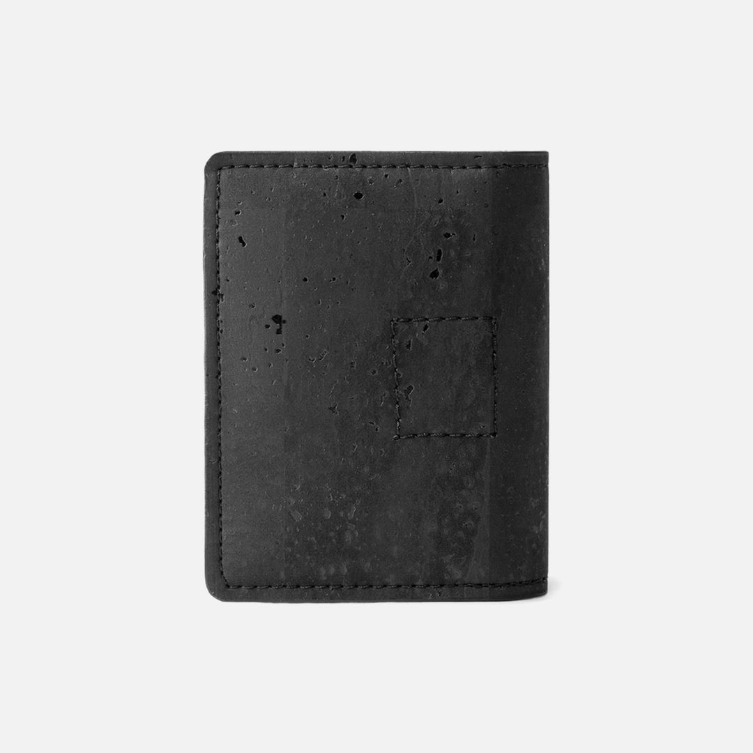 Back view of the black Corkor Vegan Cork Wallet, highlighting the natural cork texture and minimalist craftsmanship.