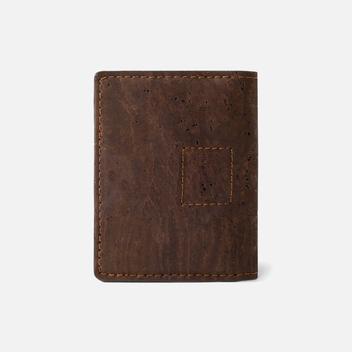 Back view of the dark brown Corkor Vegan Cork Wallet, highlighting the natural cork texture and minimalist craftsmanship.