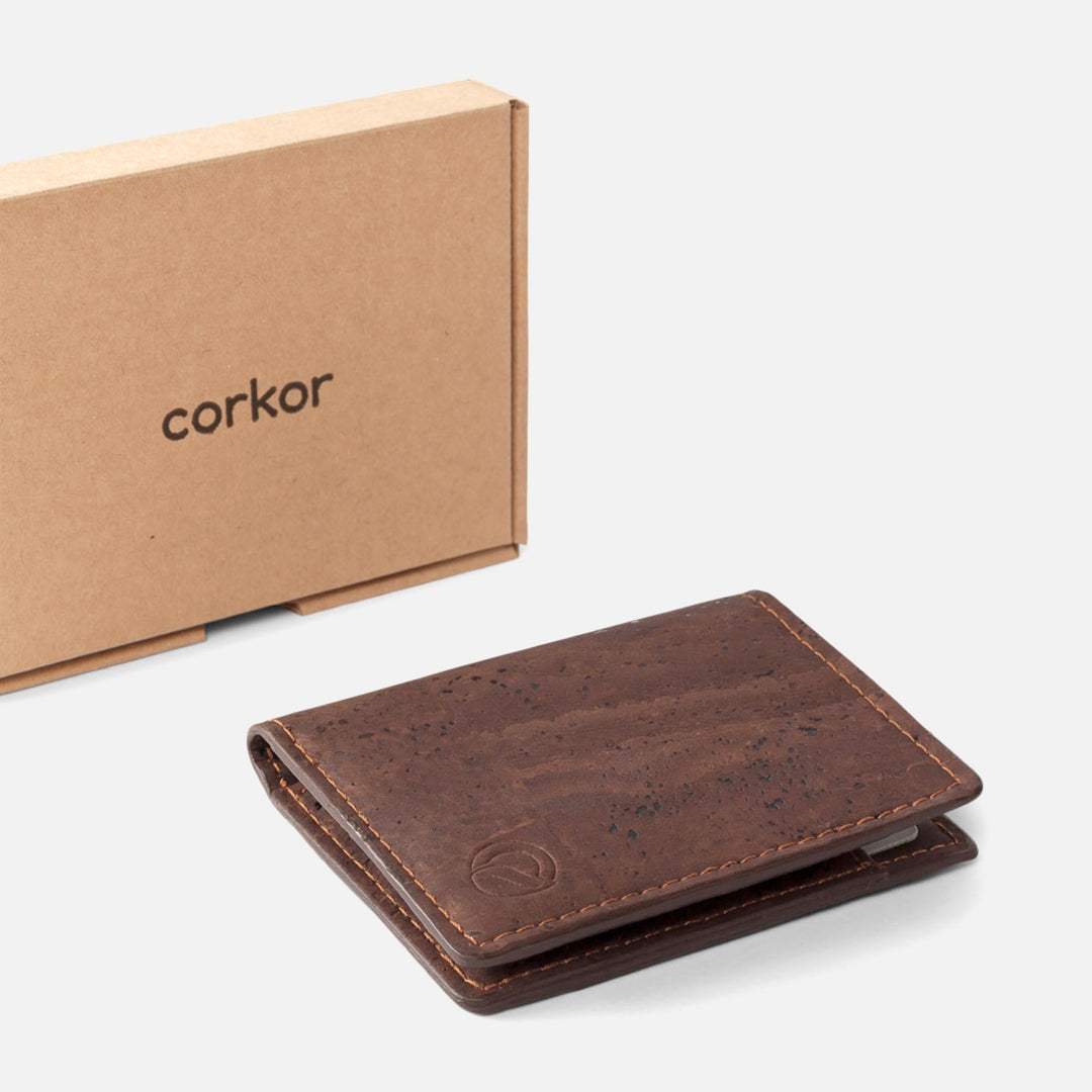 Dark brown Corkor Vegan Cork Wallet with eco-friendly packaging, emphasizing sustainability and minimalist design.