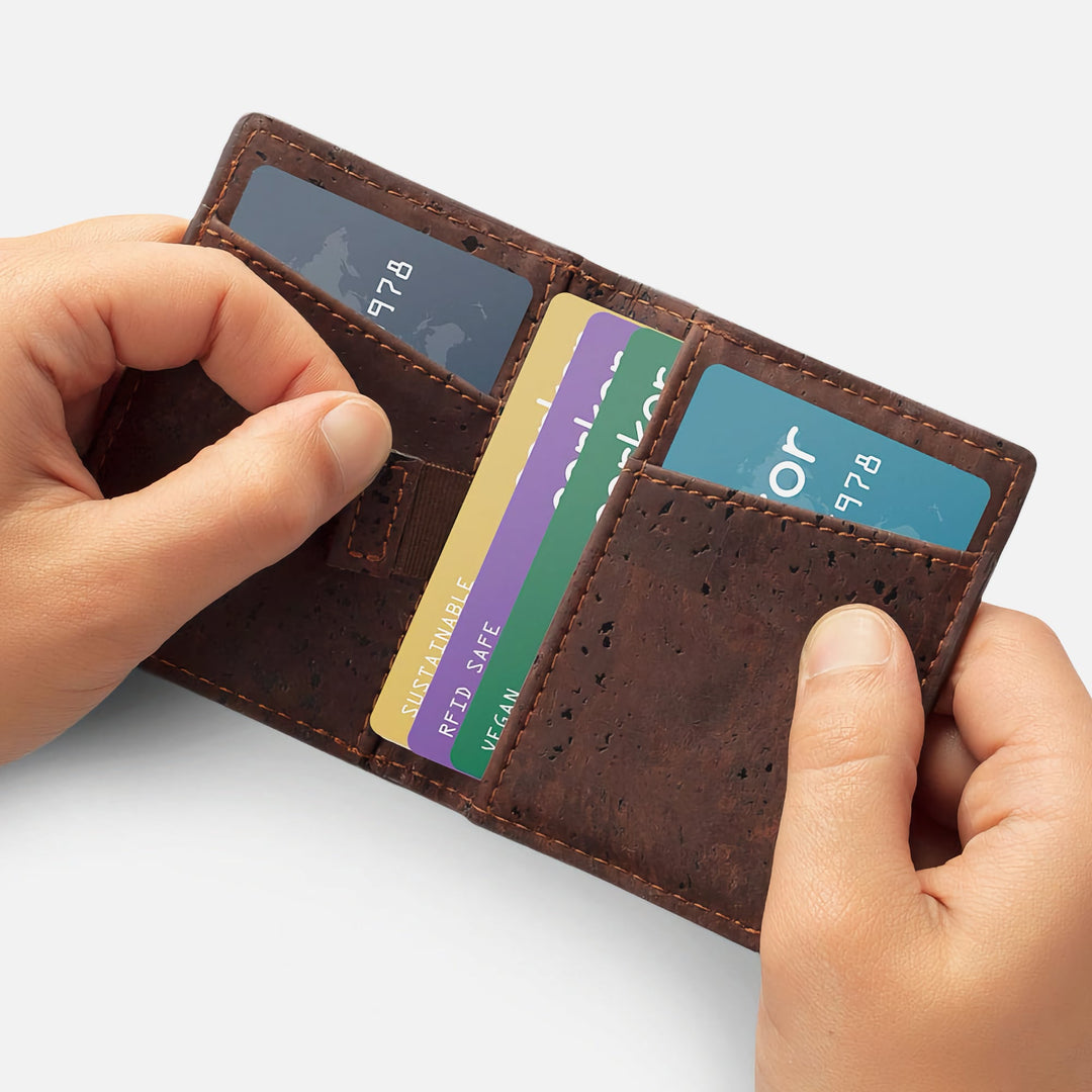 Dark brown Corkor Vegan Cork Wallet with pull-tab design, showcasing card slots and RFID blocking for secure and eco-friendly use.