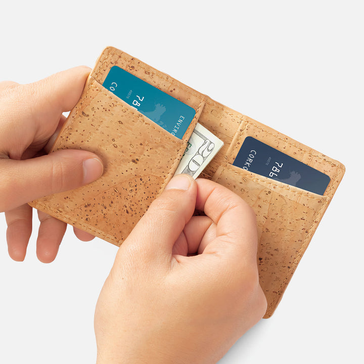 Light brown Corkor Vegan Cork Wallet with bill compartment, highlighting slim and secure storage for cash and cards.