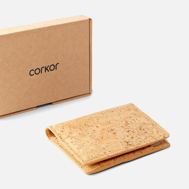 Light brown Corkor Vegan Cork Wallet with eco-friendly packaging, emphasizing sustainability and minimalist design.