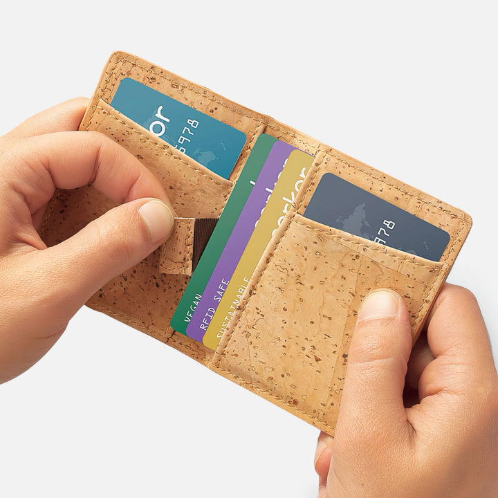 Light brown Corkor Vegan Cork Wallet with pull-tab design, showcasing card slots and RFID blocking for secure and eco-friendly use.