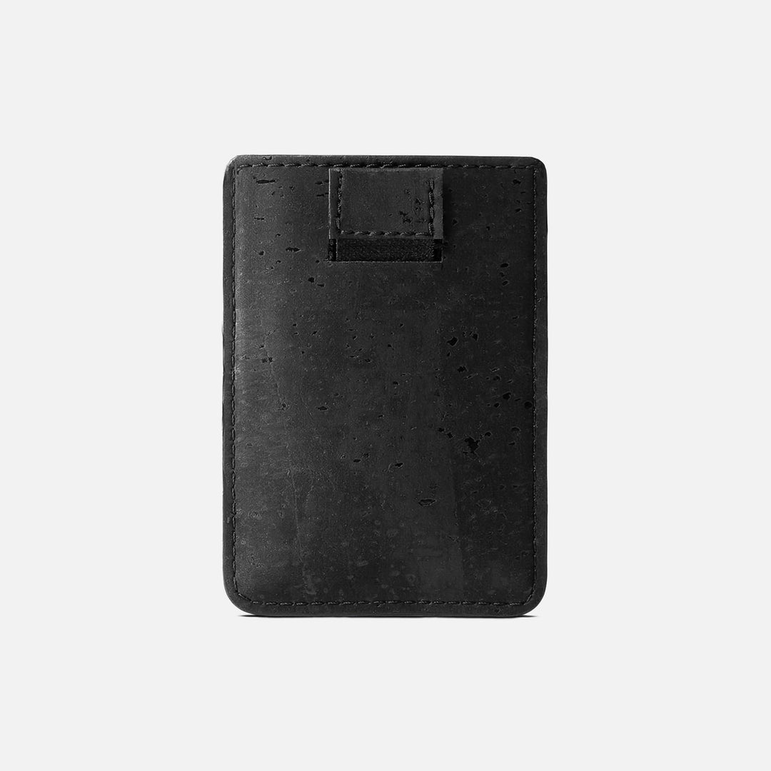 Back view of Corkor CK241 black vegan cork card sleeve wallet, featuring a pull-tab for easy card access and crafted from eco-friendly cork material for a sustainable, minimalist style.