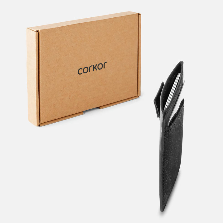 Corkor CK241 black vegan cork card sleeve wallet shown with eco-friendly packaging, highlighting its sustainable materials and minimalist design for conscious consumers.