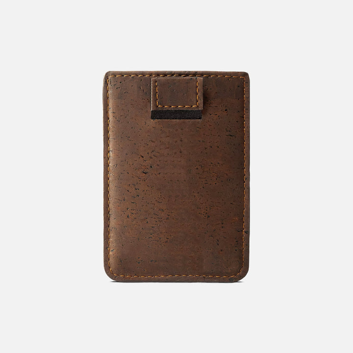 Back view of Corkor CK241 dark brown vegan cork card sleeve wallet, featuring a pull-tab design for easy access to cards in an eco-friendly, minimalist style.