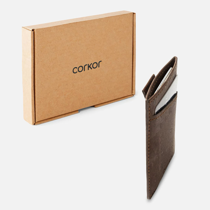 Corkor CK241 dark brown vegan cork card sleeve wallet shown with eco-friendly packaging, highlighting sustainable materials and minimalist design for conscious consumers.