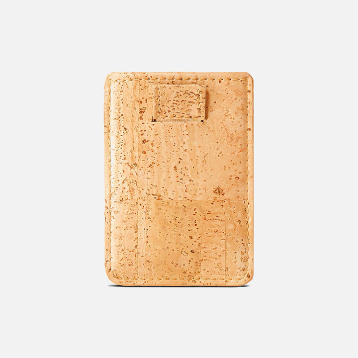 Back view of Corkor CK241 light brown vegan cork card sleeve wallet, featuring a pull-tab for easy card access and crafted from eco-friendly cork material for sustainable style.