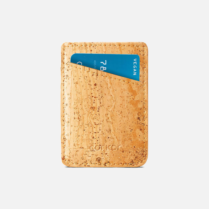 Front view of Corkor CK241 light brown vegan cork card sleeve wallet, featuring a minimalist design with a debossed logo and eco-friendly cork material for sustainable card storage.