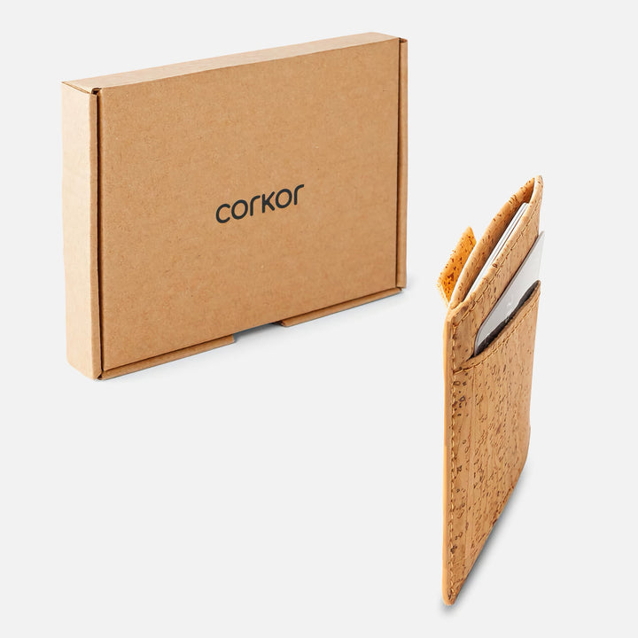 Corkor CK241 light brown vegan cork card sleeve wallet shown with eco-friendly packaging, highlighting its sustainable materials and minimalist design for conscious consumers.