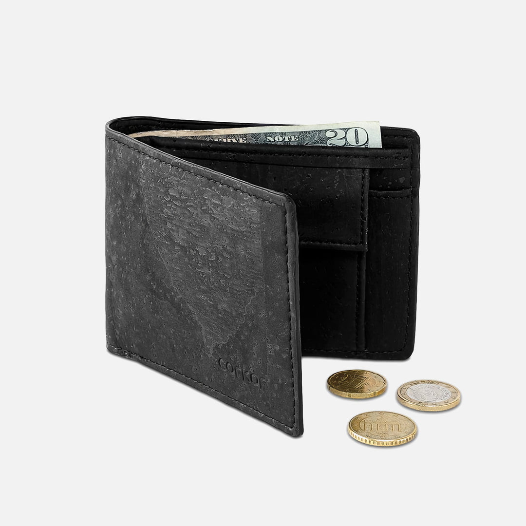Black Corkor vegan cork bifold wallet with coin pocket, shown open with cash and coins