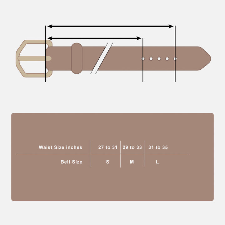 Size guide for Corkor women's cork belt showing measurements for small, medium, and large, with waist ranges in inches.