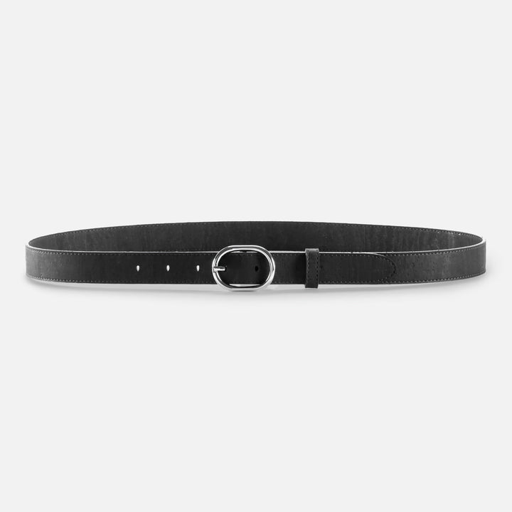 Front view of a black Corkor vegan cork belt with a silver buckle, 25mm wide, showcasing its minimalist design.