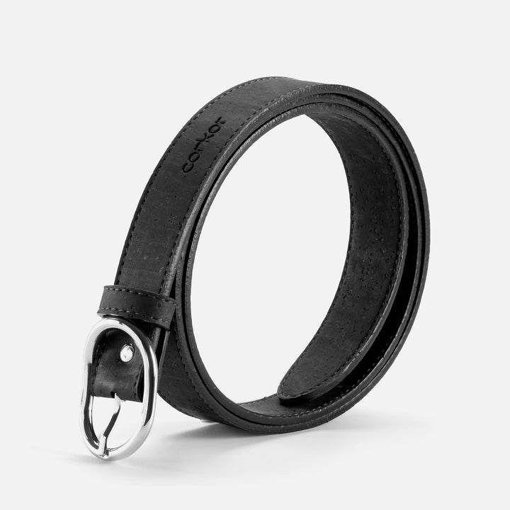 Black Corkor vegan cork women's belt with silver buckle, 25mm wide, eco-friendly and cruelty-free fashion accessory.