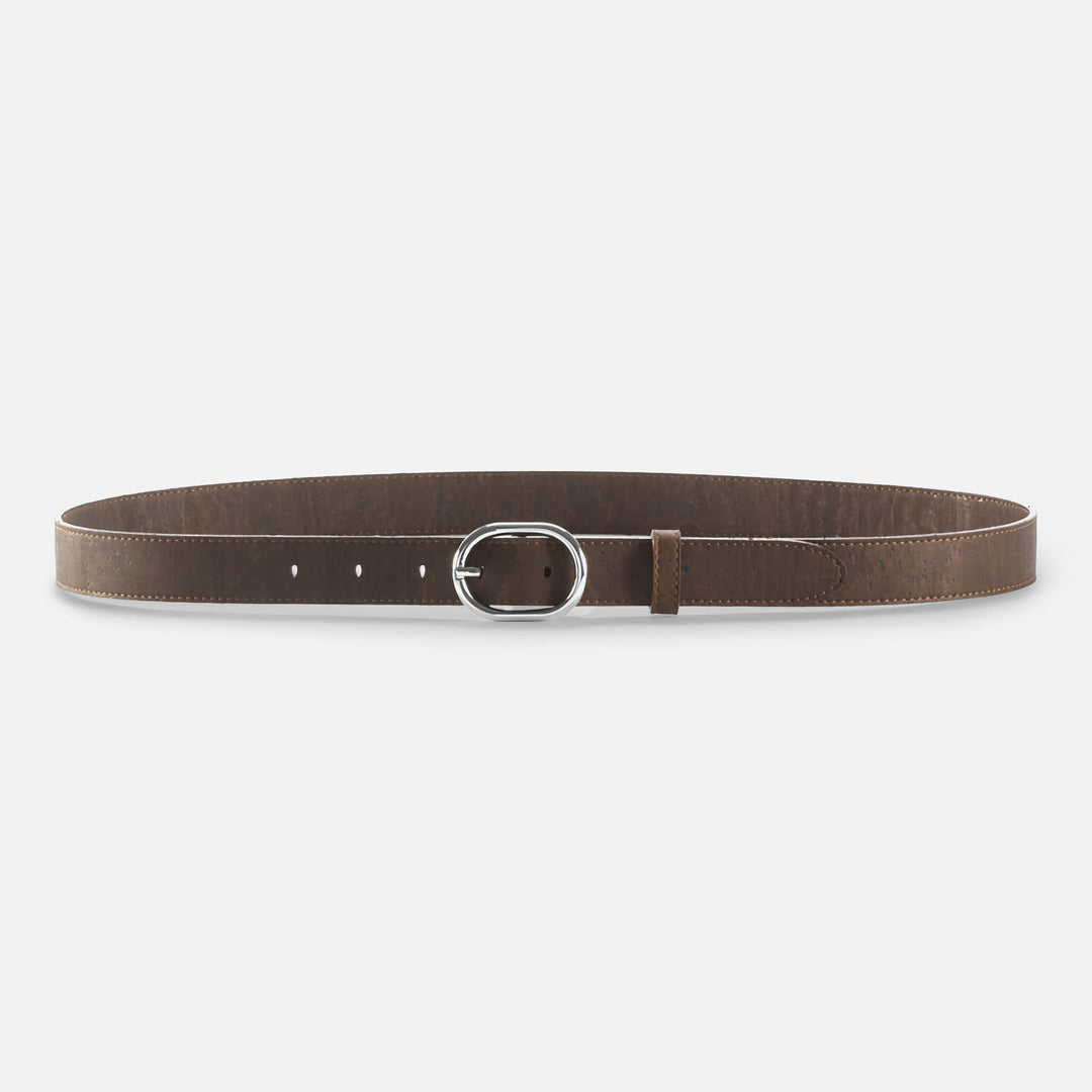 Front view of a dark brown Corkor vegan cork belt with a silver buckle, 25mm wide, showcasing its minimalist design.