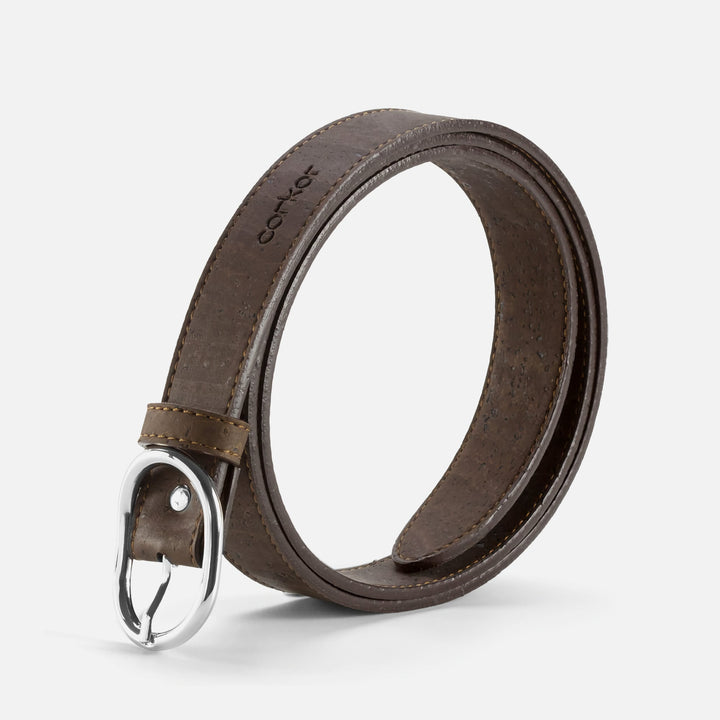 Dark brown Corkor vegan cork women's belt with silver buckle, 25mm wide, eco-friendly and cruelty-free fashion accessory.