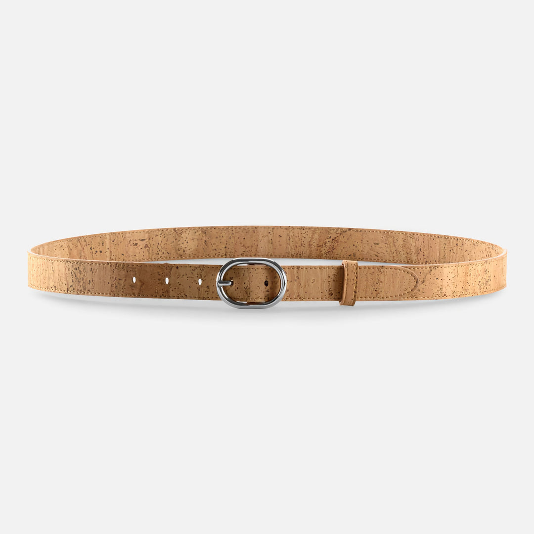 Front view of a light brown Corkor vegan cork belt with a minimalist design and silver buckle, 25mm wide.