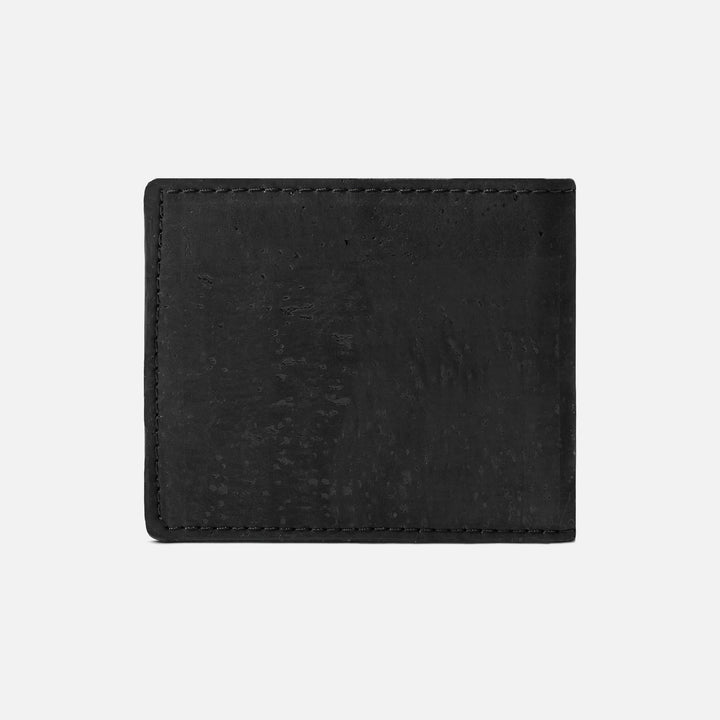 Back view of Corkor vegan cork bifold wallet in black, highlighting its seamless, minimalist cork leather design.