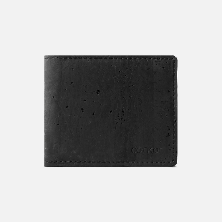 Black Corkor vegan cork bifold wallet for men, featuring a minimalist design with a smooth cork leather finish.