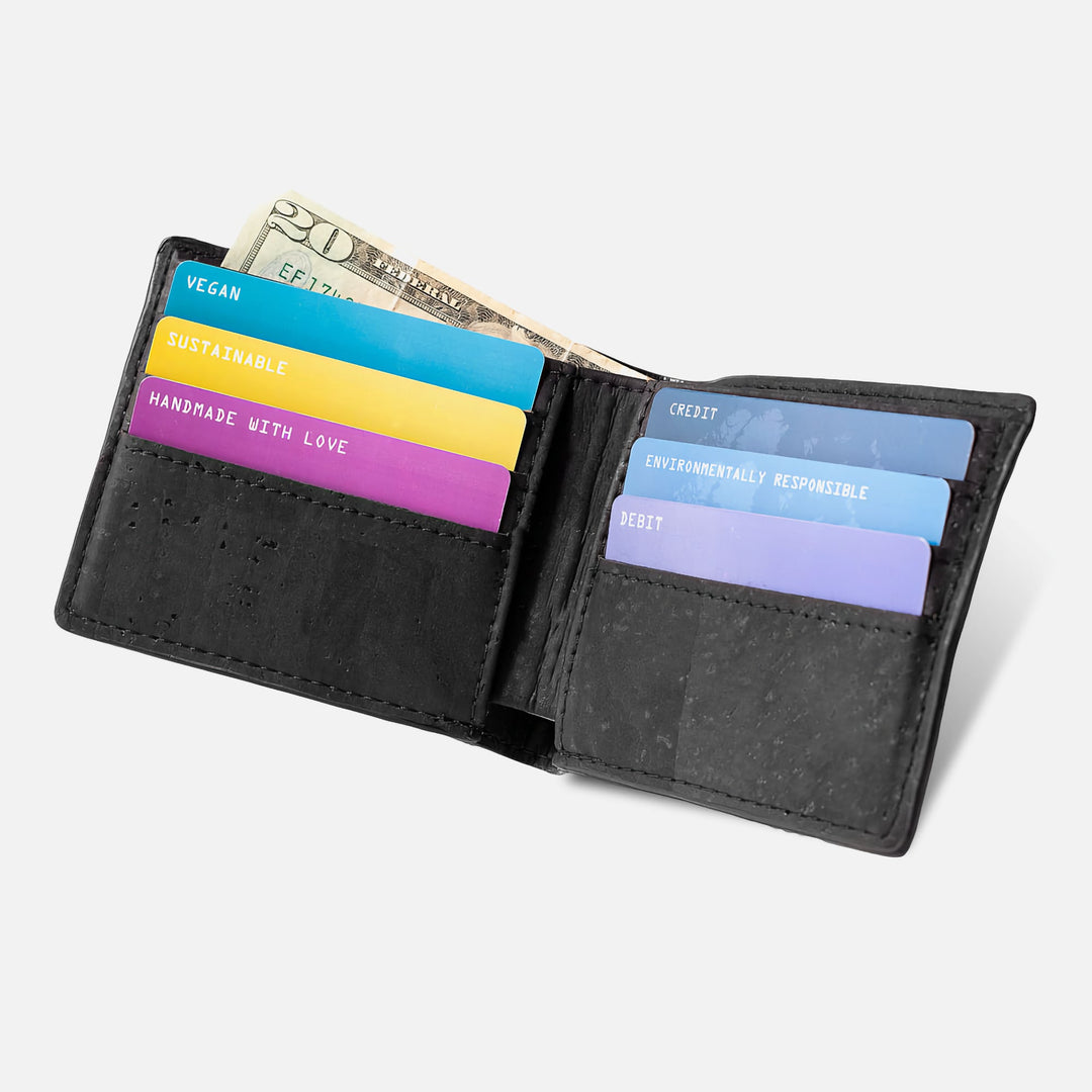 Corkor vegan cork bifold wallet shown open, displaying organized card slots and a cash compartment with bills.