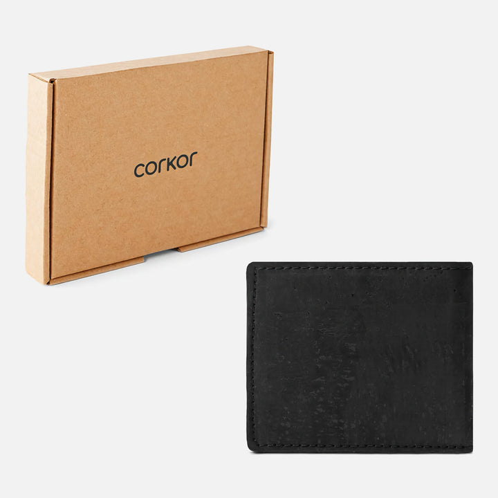 Corkor vegan cork bifold wallet shown with eco-friendly cardboard packaging, emphasizing sustainable design and quality.