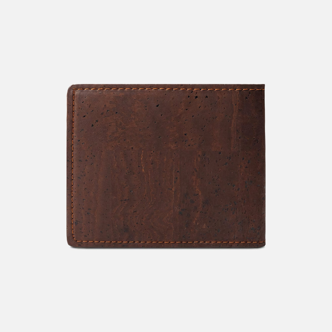 Back view of Corkor vegan cork bifold wallet in dark brown, highlighting its seamless, minimalist cork leather design.