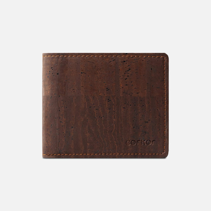 Dark brown Corkor vegan cork bifold wallet for men, featuring a minimalist design with a smooth cork leather finish.