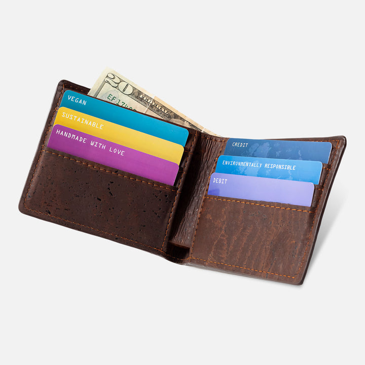 Corkor vegan cork bifold wallet shown open, displaying organized card slots and a cash compartment with bills.