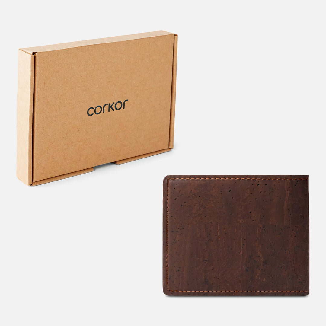 Corkor vegan cork bifold wallet shown with eco-friendly cardboard packaging, emphasizing sustainable design and quality.