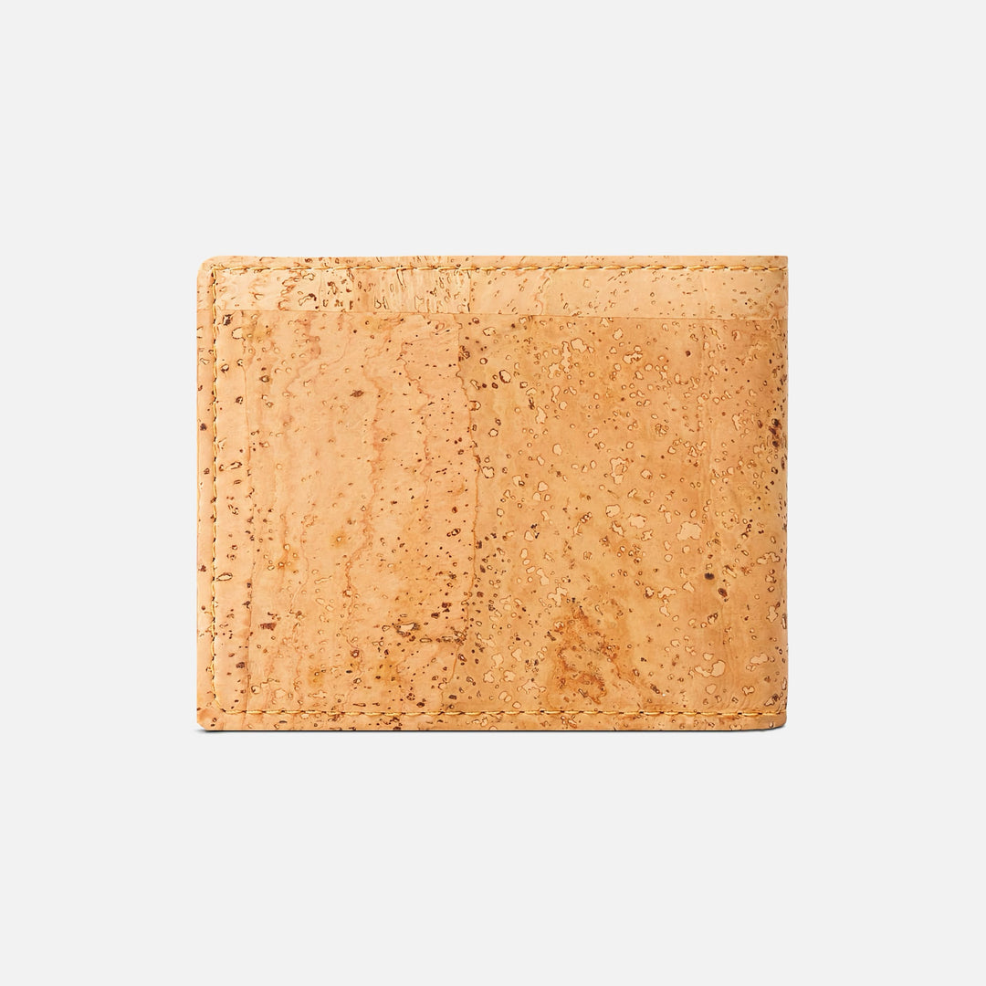 Back view of Corkor vegan cork bifold wallet in light brown, highlighting its seamless, minimalist cork leather design.