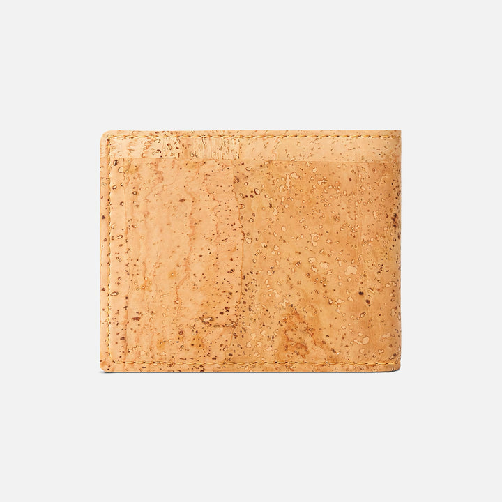 Back view of Corkor vegan cork bifold wallet in light brown, highlighting its seamless, minimalist cork leather design.