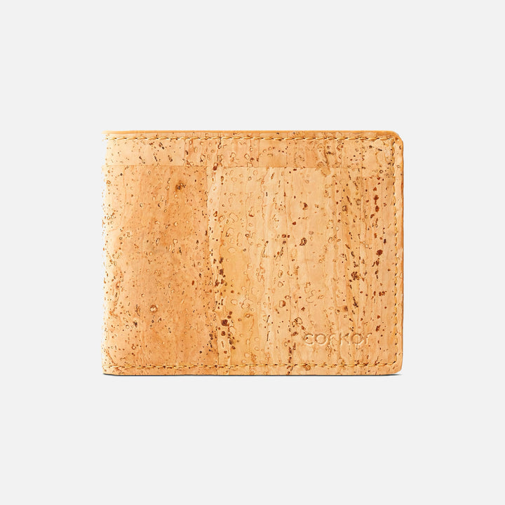 Light brown Corkor vegan cork bifold wallet for men, featuring a minimalist design with a smooth cork leather finish.