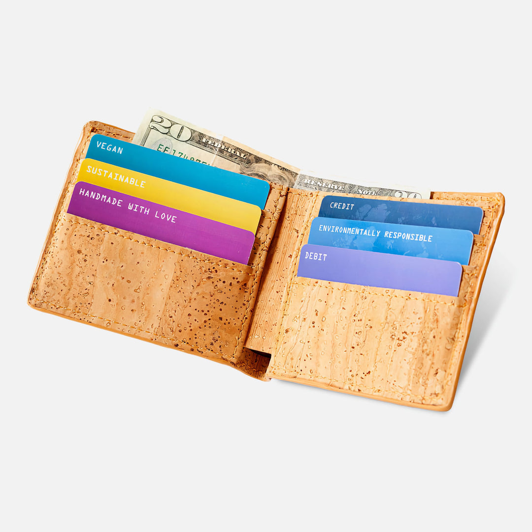 Corkor vegan cork bifold wallet shown open, displaying organized card slots and a cash compartment with bills.