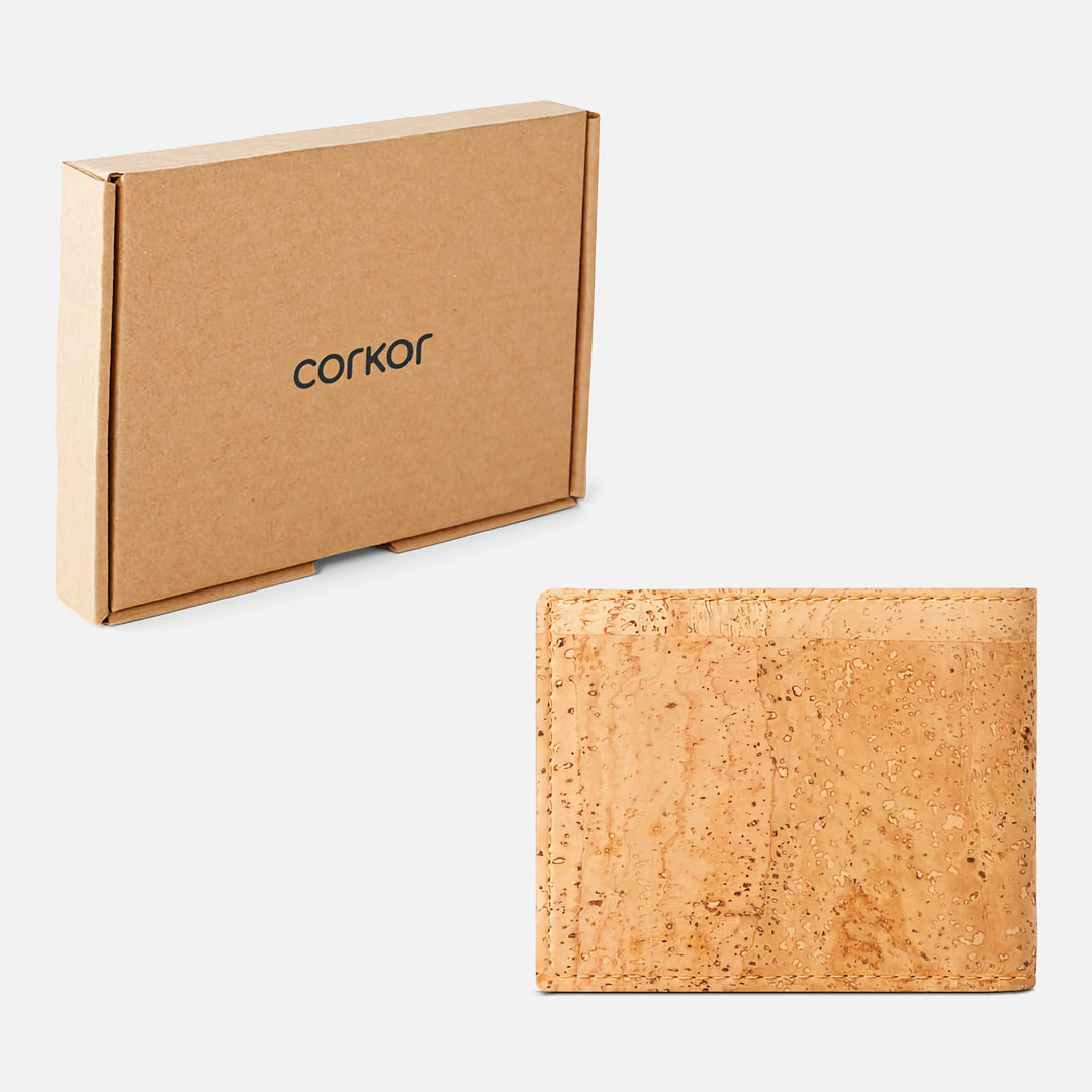 Corkor vegan cork bifold wallet shown with eco-friendly cardboard packaging, emphasizing sustainable design and quality.