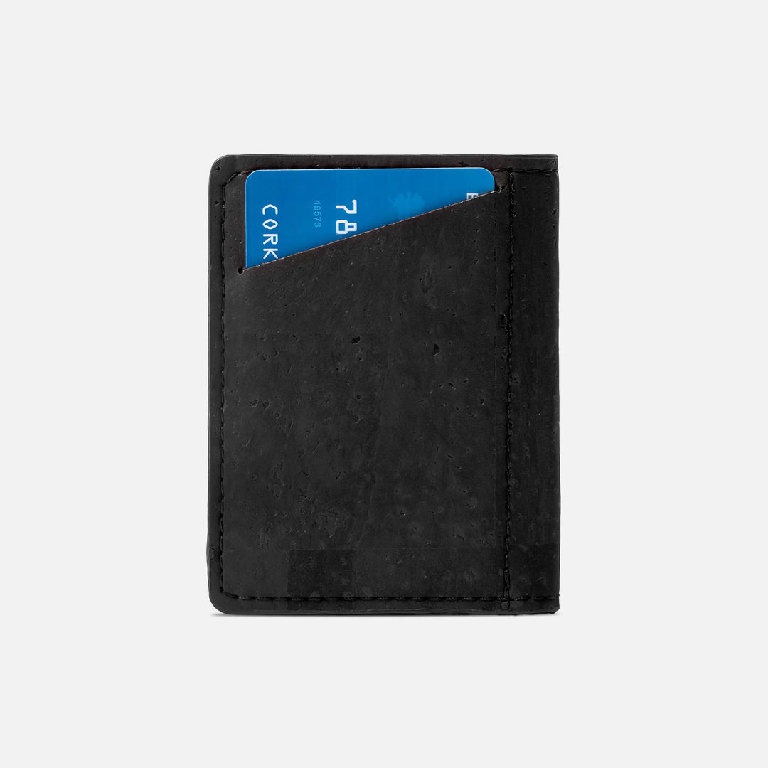 Back view of Corkor Vegan Cork Slim Wallet CK261 in black with quick-access card slot and sustainable cork material.